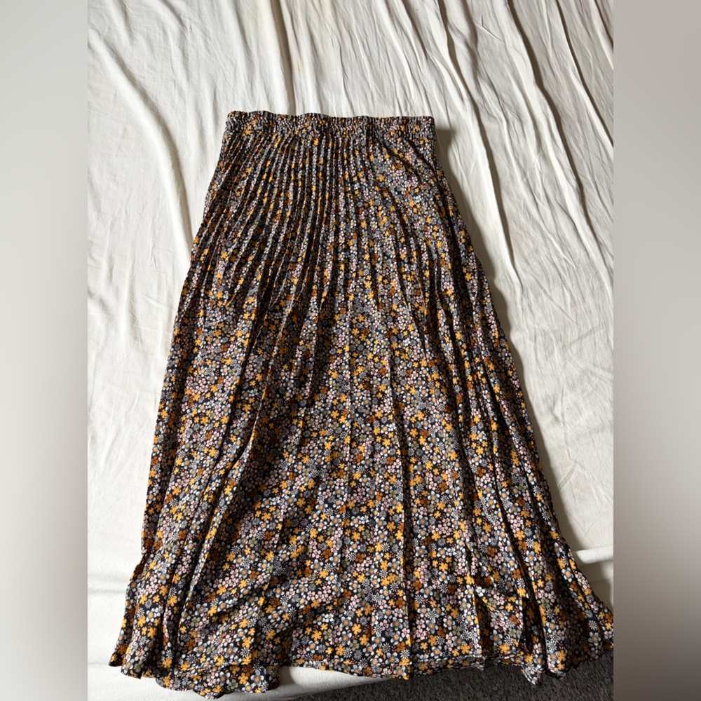 Black Floral Midi Skirt with Mustard and Pink Accents